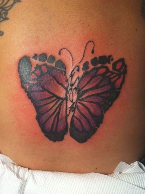 11 Purple Butterfly Tattoos To Honor The Baby You Lost & The Baby You Took Home Butterfly Footprints, Baby Footprint Tattoo, Purple Butterfly Tattoo, Tattoo For Baby Girl, Twin Tattoos, Mommy Tattoos, Mother Tattoos, Geniale Tattoos