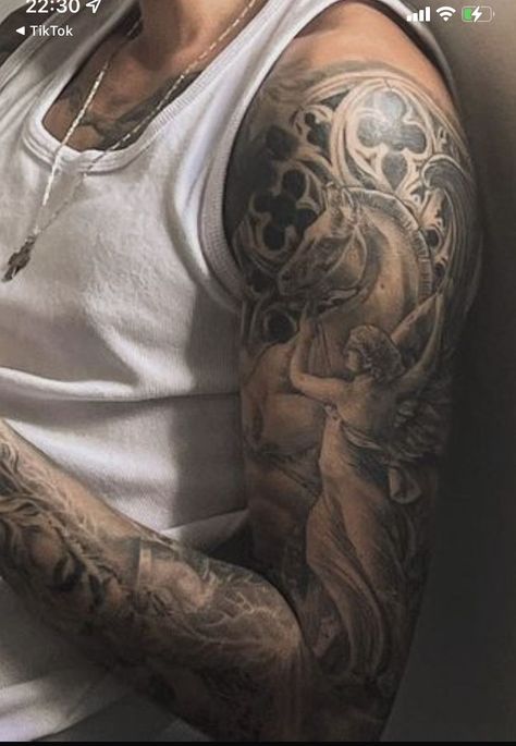 Angel Shoulder Tattoo Men, Arm Tattoos Lettering, Tattoo Fillers, Bird Shoulder Tattoos, Mens Body Tattoos, Roman Tattoo, Atlas Tattoo, Around Arm Tattoo, Tattoo Filler