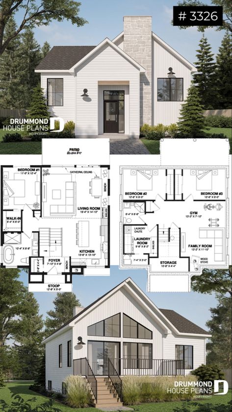 House plan 3 bedrooms, 2 bathrooms, 3326 | Drummond House Plans House Plans For 3 Bedroom House, Two Story Three Bedroom House Plans, Two Level House Plans, Three Bedroom Cottage Plans, 3bdrm 2 Bath House Plans, Small 3 Bedroom House Plans 2 Story, Apartment Interior Plan, 3 Bedroom 3 Bath House Plans, Small House 3 Bedroom