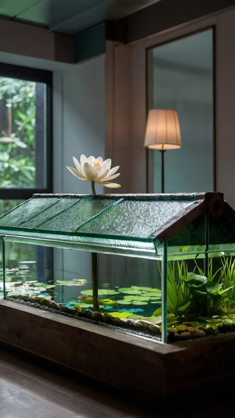 Small Fountain Ideas Indoor, Small Pond Design, Aquatic Turtle Tank Ideas, Indoor Turtle Pond, Turtle Pond Ideas, Indoor Fish Pond, Indoor Koi Pond, Indoor Pond Ideas, Pond Design Ideas