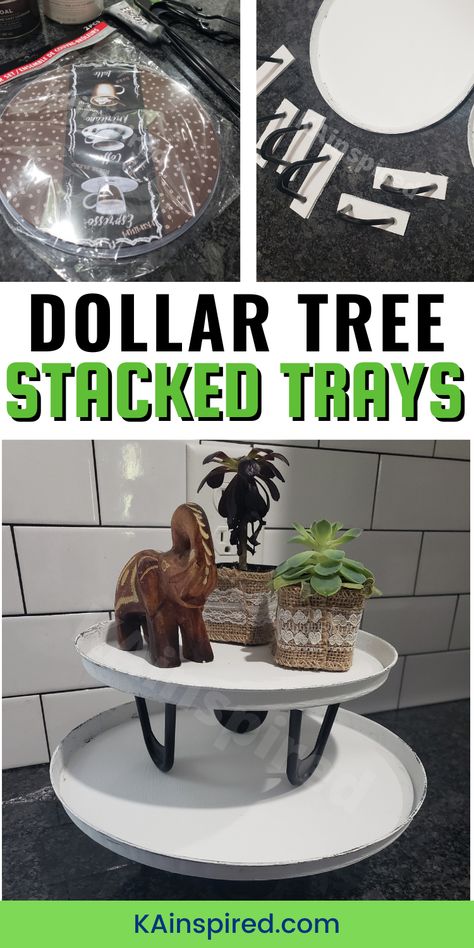 DOLLAR TREE STACKED TRAYS - KAinspired Dollar Tree Stand Diy, Dollar Store Trays Diy Projects, Diy Dollar Tree Tiered Tray, Dollar Tree Tiered Tray Diy, Dollar Tree Tiered Tray, Dollar Tree Decor Ideas, Market Crafts, Diy Farmhouse Ideas, Diy Serving Tray