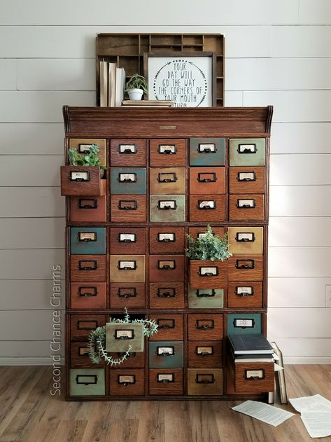 Armoire Repurpose, Card Catalog Cabinet, Library Card Catalog, Apothecary Decor, Seed Storage, Apothecary Cabinet, Card Catalog, Cabinet Style, Paint Projects