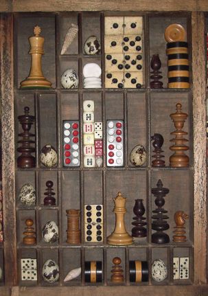 cards in the background for color    Vintage Games Collage | Flickr - Photo Sharing! Printers Drawer, Bar Vintage, Printers Tray, Shadow Box Art, Cabinet Of Curiosities, Deco Retro, Game Room Decor, Vintage Games, Chess Pieces