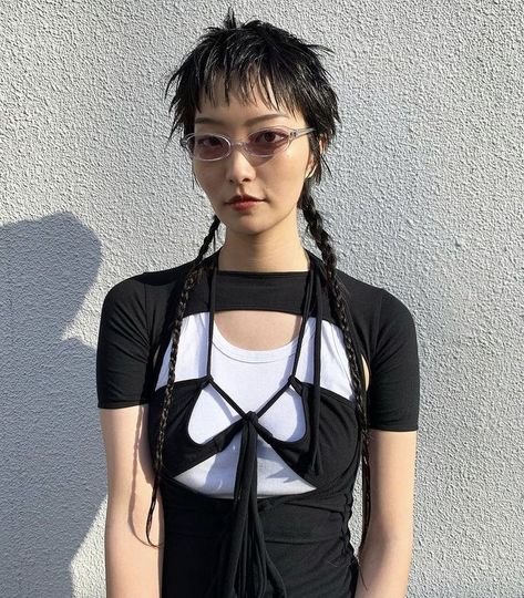 Japanese Punk Hairstyle, Pixie With Rat Tail, Short Hair Long Braids, Rat Tail Haircut Women Short Hair, Short Hair With Rat Tail Braids, Short Hair Rat Tail, Bob With Rat Tail, Yarn Rat Tail Hair, Rat Tail Braids