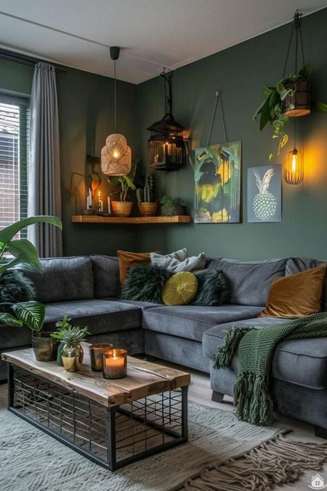 Green Color Scheme For Living Room, Emerald Green Living Room Decor Ideas, Moss Green And Blue Living Room, Green Couch Blue Rug, Green Blue Brown Living Room, Plants In Lounge, Charcoal And Green Living Room, Green Theme Living Room, Green And Navy Living Room