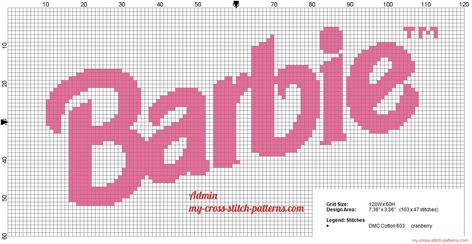 barbie cross stitch | Description: Barbie logo free cross stitch pattern, 103x47 stitches ... Barbie Grid Pattern, Barbie Pixel Grid, Cross Stitch Barbie, Barbie Embroidery, Barbie Logo Cross Stitch, Barbie Logo Crochet Pattern, Barbie Tapestry Crochet, Barbie Cross Stitch, Barbie Logo