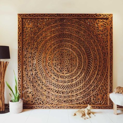 Large Handmade Relief Carving Reclaim Teak Wood Wall Panel With Frame From Thailand Asian Tropical Home Decor 92 inches Wooden Wall Art Panels, Carved Wall Art, Carved Headboard, Tropical Home, Relief Carving, Carved Wood Wall Art, Lit King Size, Wooden Wall Panels, Tropical Home Decor