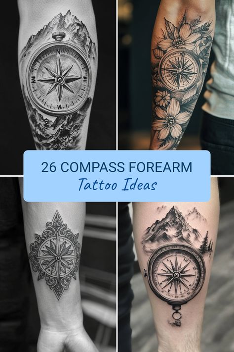 Explore 26 unique compass forearm tattoo ideas that symbolize adventure, guidance, and personal meaning. Each tattoo supports a mix of styles, from minimalist designs to intricate artworks. Whether you want it for aesthetic reasons or a deeper connection, these compass tattoos could perfectly express your spirit of exploration and your love for travel. Discover why many choose compass tattoos as they resonate with their life journeys. Choose one that reflects your personality and embark on a journey full of personal flair. Compass And Ocean Tattoo, Compass Tattoo Design Men Forearm, Compass Forearm Tattoo, Compass Tattoos, Forearm Tattoo Ideas, Live Tattoo, Compass Tattoo Design, Intricate Artwork, Tattoo Forearm