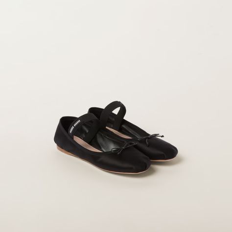 Black Satin Ballerinas | Miu Miu Miu Miu Ballet, Miu Miu Flats, Pink Ballet Flats, Miu Miu Handbags, Miu Miu Bag, Knit Logo, Jeweled Earrings, Miu Miu Shoes, Cocoa Brown