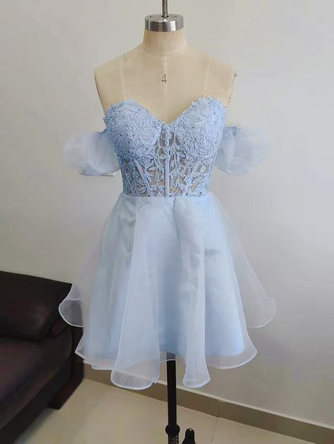 Light Blue Girl Dress off the Shoulder Straps Sweetheart - Etsy Light Blue Knee Length Dress, Short Baby Blue Dresses, Light Blue Dress Hoco, Quince Surprise Dance Outfits Light Blue, Light Blue Dresses Short, Sky Blue Dress Short, Light Blue Hoco Dress Short, Baby Blue Dress Short, Baby Blue Hoco Dress