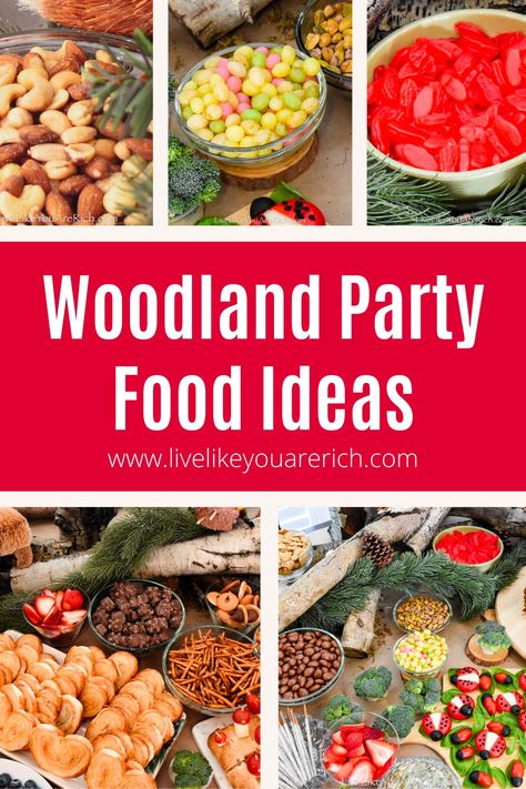 Take your woodland party to the next level with these adorable and delicious food ideas! From pretzel sticks for twigs, gummy worms, cinnamon bears, bird eggs, fruits, nuts, and mushrooms, your guests will love these nature-inspired treats. Check out more on the blog. Woodland Sandwiches, Woodland Forest Theme Party, Woodland Animals Food Ideas, Enchanted Forest Party Food Ideas, Nature Theme Food Ideas, Forrest Theme Baby Shower Ideas, Mushroom Themed Snacks, Nature Food Ideas, Forest Theme Treats