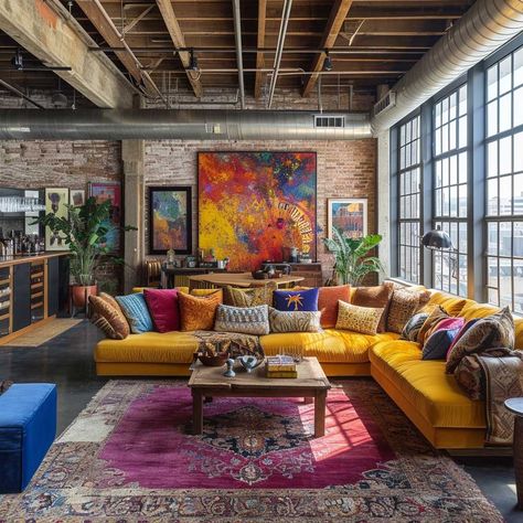 Eclectic Loft Interior Styles for Modern Metropolitan Charm • 333+ Inspiring Lifestyle Ideas Colorful Industrial Decor, Loft Color Palette, Urban Loft Decor, Color Alchemy, Apartment Industrial, Loft Aesthetic, Creative Exhibition, Deco Loft, Eclectic Loft