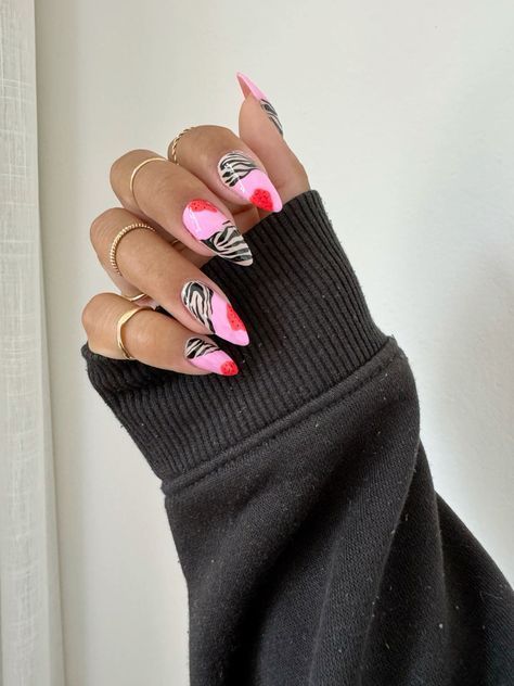 Colorful Animal Print Nails, Zebra Nails Animal Prints, Zebra Almond Nails, Pink Funky Nails, Nail Art Animal Print, Zebra Print Nail Art, Animal Print Nail Art, Zebra Nail Art, Zebra Print Nails