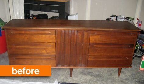 Before & After: Restoring a Mid-Century Modern Dresser | Apartment Therapy Dark Mid Century Modern, Thrifted Furniture, Mid Century Buffet, Buffet Furniture, Mid Century Modern Credenza, Geometric Furniture, Modern Buffet, Mid Century Dresser, Mid Century Modern Bedroom