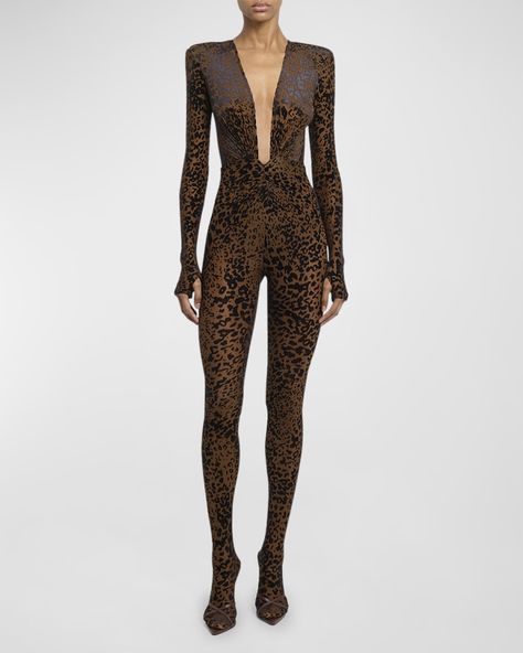 Alex Perry leopard burnout catsuit featuring padded shoulders and a ruched waist detail    Plunging neckline    Long sleeves; thumbholes    Skinny legs    Secondskin fit    Attached feet hem    Invisible back zip    Polyester/nylon/polyamide/spandex    Dry clean    Imported Expensive Stuff, Yellow Jumpsuit, Leather Jumpsuit, Alex Perry, Fitted Jumpsuit, Pink Jumpsuit, Fashion Group, Long Jumpsuits, Catsuit