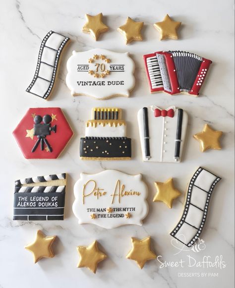 Hollywood Cookies Decorated, Movie Theater Cookies, Movie Theme Cookies, Hollywood Theme Cookies, Red Carpet Cookies Decorated, Movie Night Cookies, Hollywood Cookies, Oscar Cookies, Movie Cookies Decorated