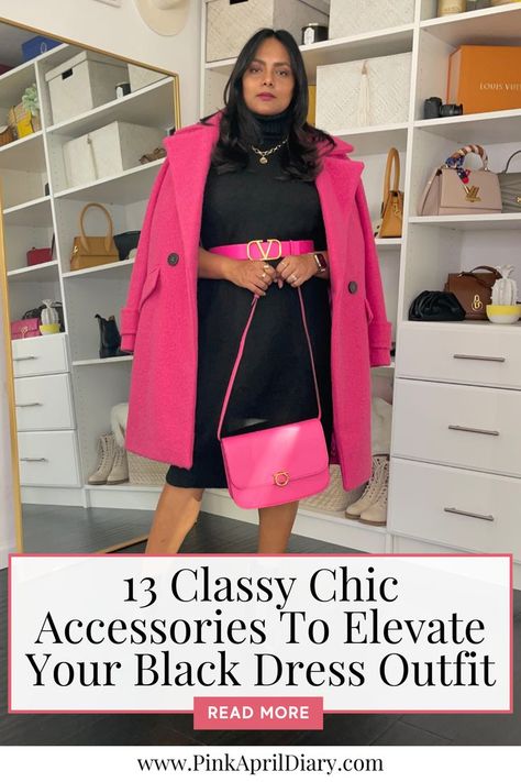 Revamp your classic black dress look with sophistication using these 13 classy chic accessories to elevate your black dress outfit. In my latest chic lady fashion blog post, I show you how to elevate your black dress styling game with 13 accessories to add to your black dress essentials. From statement jewelry to stylish winter scarves, this black dress styling guide will help you transform your black dress styles into a fashion masterpiece. Click the link to read more today! Black Dress With Pink Accessories, What To Wear With A Black Dress, Little Black Dress Accessories, Black Dress Styling, Dress Essentials, Black Dress Accessories, Black Dress Outfit, Black Dress Style, White Dress Winter