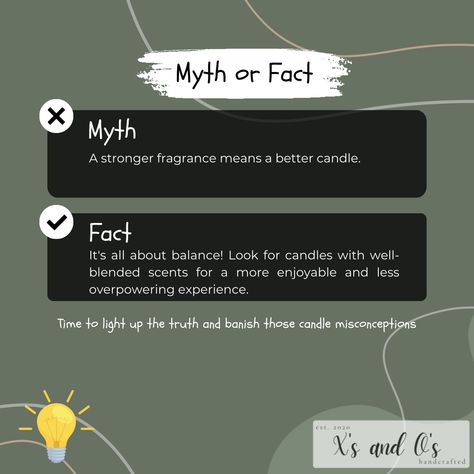 Unraveling Candle Myths! 
Myth: Drafts make candles burn faster.
Reality: While drafts can cause flickering, they don't significantly impact burn time. Focus on snuffing out instead of worrying about drafts.
Myth: A stronger fragrance means a better candle.
Reality: It's all about balance! Look for candles with well-blended scents for a more enjoyable and less overpowering experience.
Time to light up the truth and banish those candle misconceptions! 
#CandleFacts #IlluminateTruths Myth And Truth, Make Candles, Candle Burning, Best Candles, Burning Candle, Candle Making, The Truth, Light Up, No Worries