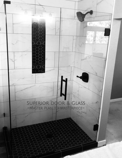 Master Shower Black And White, Black Frameless Shower Door, Farmhouse Bathroom Glass Shower Door, Black And White Master Shower Ideas, White And Black Shower Ideas, Tile Shower Dark Grout, White And Black Master Bath, Black And White Master Bath Ideas, Black Shower Ideas