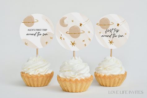 Sun Cupcakes, Simple First Birthday, Galaxy Crafts, First Trip Around The Sun, Birthday Cupcake Toppers, Safari Baby Shower Invitations, Outer Space Birthday, Editing Tool, Unicorn Birthday Invitations