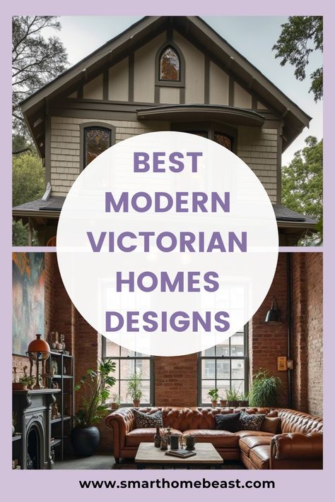 An image showcasing a variety of modern Victorian home design ideas, including a charming exterior and a cozy industrial-style living room with leather seating, perfect for home decor inspiration. Mid Century Modern Victorian House, Victorian Home Landscaping, Modern Victorian Exterior Architecture, Modern Victorian Exterior Color Schemes, Victorian Modern House, Victorian Home Decor Modern, Simple Victorian House, Modern Victorian House Exterior, Modern Victorian Exterior