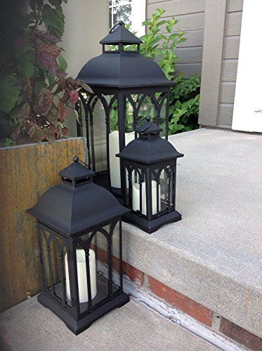 Set of 3 Indoor or Outdoor Metal Lanterns - Black. For product info go to:  https://all4hiking.com/products/set-of-3-indoor-or-outdoor-metal-lanterns-black/ Porch Lanterns, Outdoor Candle Lanterns, Iron Wall Sconces, Large Lanterns, Wood Lantern, Lantern Candle Decor, Iron Lanterns, Wedding Lanterns, Lantern Set