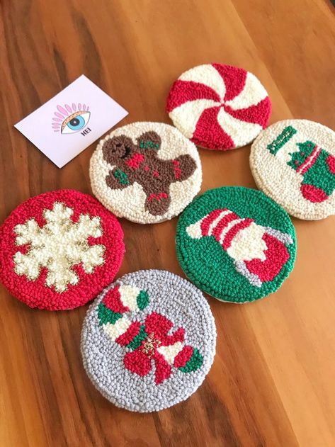 Sock Santa, Punch Needle Christmas, Christmas Mug Rug, Punch Needle Coasters, Punch Needle Coaster, Christmas Mug Rugs, Rug Christmas, Winter Tea, Christmas Punch