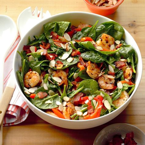 Shrimp And Spinach, Shrimp Spinach, Shrimp Salad Recipe, Hot Bacon Dressing, Bacon Dressing, Blt Salad, Shrimp Salad Recipes, Spinach Salad Recipes, Resep Salad