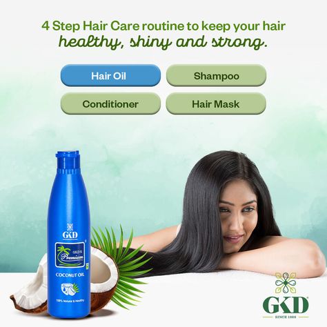 The first step to a good hair care routine is properly oiling your hair. Apply GKD's Premium Coconut Oil for shiny, healthy and strong hair. Available on all major e-commerce platforms and stores near you. . . . . . #ShineWithJasmine #GKD #GKDJasmineOil #GKDSparsh #CoconutHairOil #ShinyHair #Jasmine #Shine #Coconut #Hair Hair Oil Social Media Post, Hair Oil Creative Ads, Caption For Hair, Vatika Hair Oil, Product Social Media Design, Oiling Your Hair, Parachute Coconut Oil, Hair Oil Ingredients, Hair Regrowth Oils