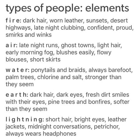 Elements As People, Types Of People Aesthetic, Lightning Oc, Fire Personality, Writing Inspiration Tips, Different Types Of People, Story Writing Prompts, Book Prompts, Writing Dialogue Prompts