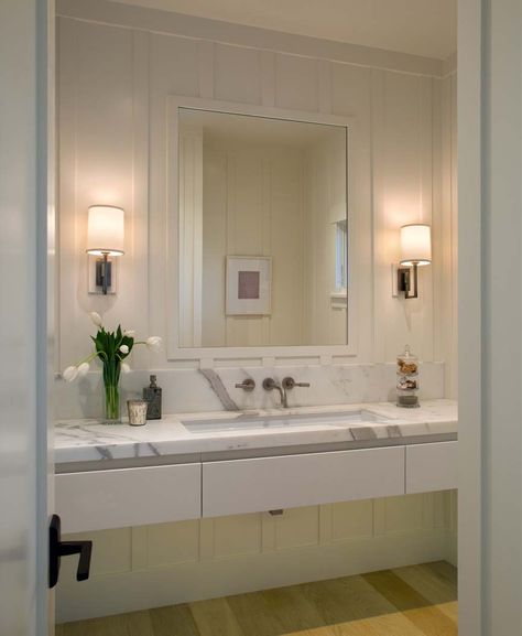 Contemporary East Coast-inspired beach house in Coronado, California Ada Bathroom Vanity, Floating Marble Vanity, Floating Marble Sink, Bathroom Vanity Drawer, Transitional Powder Room, Vanity Drawer, Ada Bathroom, Marble Sink, Board And Batten Wall