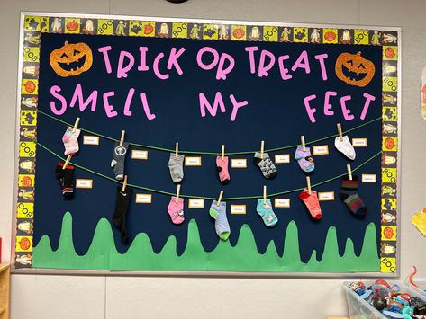 Students socks Stinky Socks, Halloween Bulletin Boards, Rainbow Fish, Classroom Door, Classroom Bulletin Boards, Bulletin Boards, School Crafts, Trick Or Treat, Preschool Activities