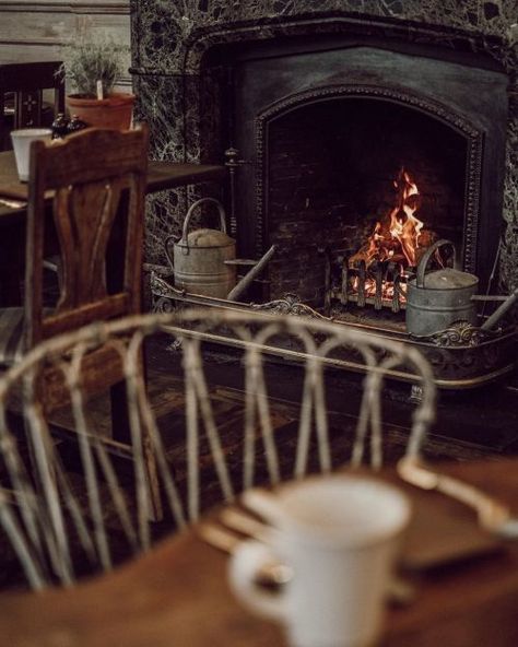 Autumn Cozy Aesthetic Fireplace, Vintage Room Aesthetic, Autumn Mountains, Cosy Cafe, Moody Decor, Bookstore Cafe, Cafe Aesthetic, Ivy House, Cozy Cafe