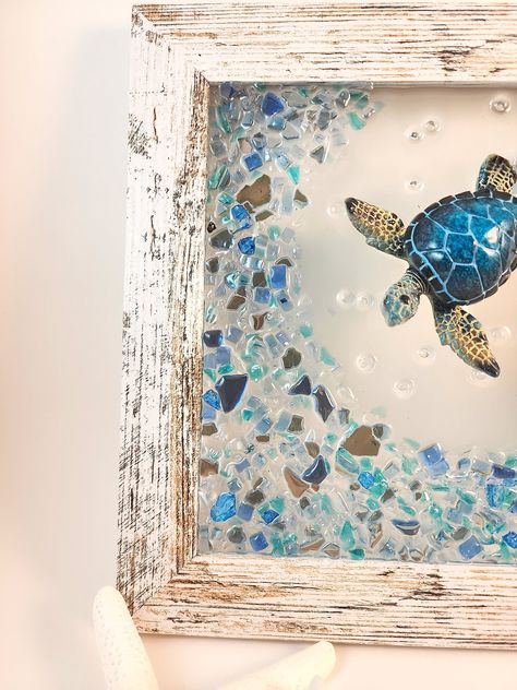 Crushed Glass Art, Blue Sea Turtle, Resin Beach, Beach House Wall Decor, Turtle Wall Art, Seashell Wall Art, Glass Pebbles, Glass Window Art, Turtle Decor