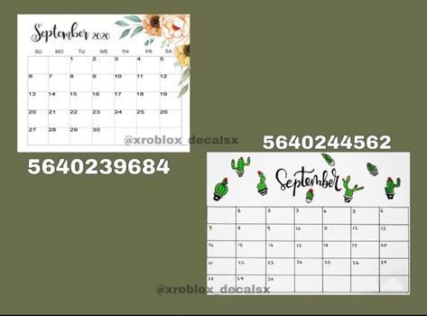 @xroblox_decalsx on Instagram Bloxburg September Calendar, Bloxburg Calendar Decal Codes September, Bloxburg Decals Calender 2023, Bloxburg Calendar Decals, Club Roblox Image Id Codes, Roblox Image Id Codes, Picture Decals, Background Zepeto Room, Calendar Decal