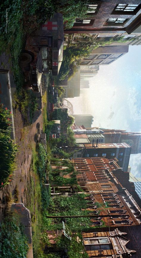 Apocalypse Landscape Concept Art, Last Of Us Landscape Art, The Last Of Us City Concept Art, Tlou Environment, Distopian Backgrounds, Tlou Painting, The Last Of Us Concept Art Environment, The Last Of Us Environment Art, Last Of Us Background