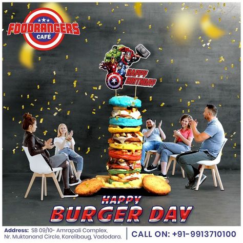 Join us in our #foodrangerscafe for national burger day and try one of our chef specially created Avengers burgers!! #burgerday🍔 . Follow us: Facebook: @Foodrangerscafe Instagram: @foodrangerscafe Pinterest: @foodrangerscafe . Call On: +91-9913710100 . #NationalBurgerDay #chips #burger #burgertime #avengersmenu #greatfood #coolberg #foodrangers #bestcafe #bestcafeinvadodara #nearbycafe #karlibaugcafe #ourvadodara #avengerburger #pizzalovers #firepizza #foodrangerpizza #vadodara #fastfood National Burger Day, Fire Pizza, Pizza Lovers, Cool Cafe, Instagram Business, Join Us, Independence Day, Great Recipes, Avengers