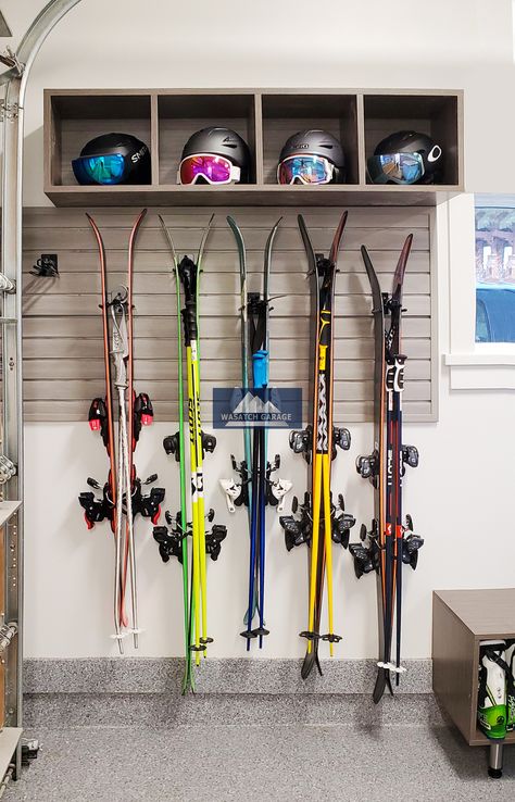 Ski Mud Room, Organizing Garage, Outdoor Gear Storage, Bicycle Storage Rack, Snowboard Storage, Wall Organization System, Garage Organizing, Ski Rack, Garage Storage Solutions