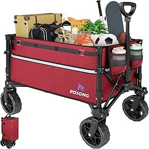 ROSONG Collapsible Wagon Cart with Wheels Foldable - Folding Utility Heavy Duty Wagons Carts for Grocery Sports Garden Shopping Camping Wheelbarrows, Burgundy Heavy Duty Wagon, Collapsible Wagon, Outdoor Cart, Cart With Wheels, Wheelbarrows, Wagon Cart, Garden Cart, Garden Shop, Amazon Home