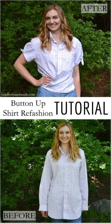 With this button up shirt refashion turn a men's shirt into a fun, summery wrap top. There's not a lot of sewing involved. Thrift Store Diy Clothes, How To Sew Clothes, Projects For Women, Clothing Redo, How To Upcycle Clothes, To Sew Clothes, Mens Shirt Refashion, Women Sewing, Shirt Tutorial