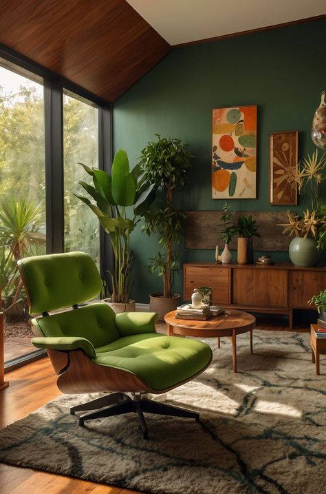 Boho Chic Living Room Inspo: Eclectic and Vibrant Ideas Mid Century Boho Living Room, Modern Green Living Room, Green Couch Living Room, 70s Interior Design, Mid Century Modern Interior Design, Beach House Living Room, Boho Chic Living Room, Retro Living Rooms, Mid Century Living Room