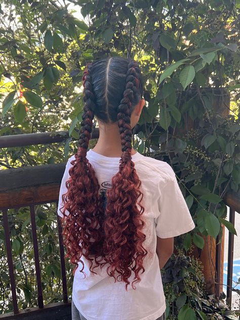 Dutch braids with curly hair added Two Long Dutch Braids, Dutch Braids Curly Hair, Two Braids Curly Hair, Dutch Braid Curly Hair, Braids With Curly Hair, Braids Curly Hair, Two Dutch Braids, Dutch Braids, Two Braids