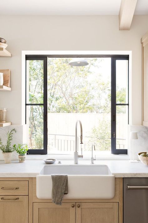 Kitchen Window Ideas Sink Open Shelving, Sliding Window Over Kitchen Sink, Pocket Window Kitchen, Kitchen Under Window Ideas, Kitchen Ideas Window Over Sink, Kitchen Sink Under Window Ideas, Cabinets Around Window Kitchen, Kitchen Cabinets Under Window, Sink Under Window Kitchen