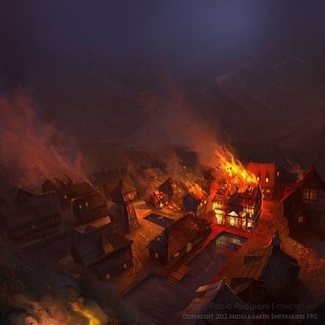 The town of Greenest under siege by the Cult Fogo Gif, Vila Medieval, Building On Fire, Lake Town, Burning City, Fantasy Town, The Kraken, Fire Art, Building Art