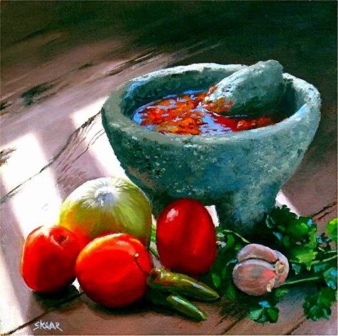 Molcajete Salsa, Kitchen Painting Art, Mexican Art Painting, Mexican American Culture, Mexican Artwork, Mexican Paintings, Latino Art, Mexican Culture Art, Mexican Home Decor