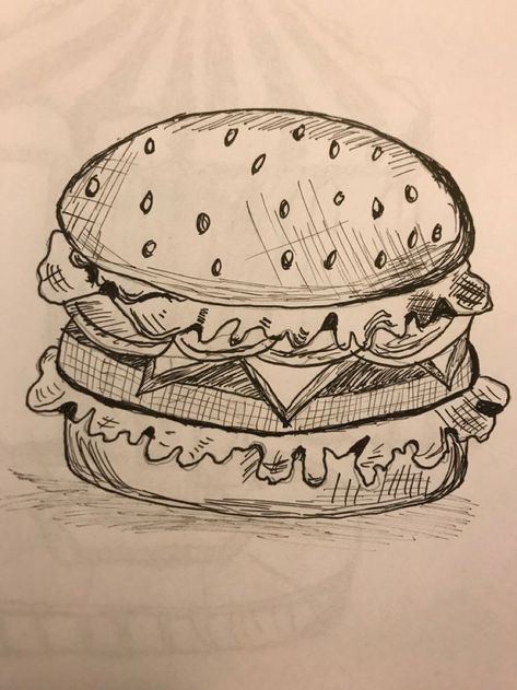 How To Draw Burger, Food Drawings Pencil, Food Sketches Pencil, Burger Reference Drawing, How To Draw A Burger, Drawings Of Food Sketches, Burger Drawing Illustration, How To Draw With A Pen, Food Drawing Sketches Easy