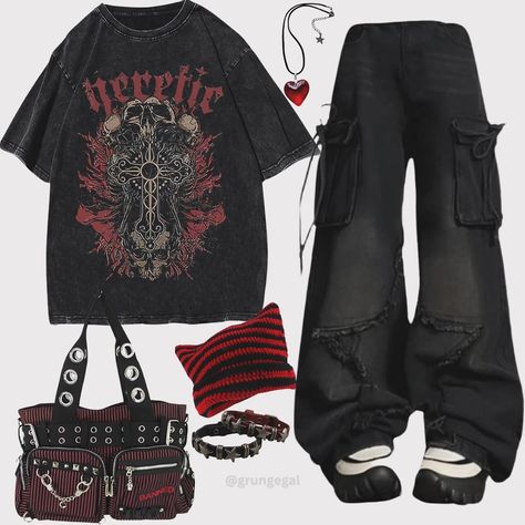 Wear or tear ?🖤 A bold grunge-inspired outfit featuring an oversized “Heretic” graphic tee, distressed cargo pants, a striped beanie, studded accessories, and a statement black-and-red bag. Perfect for an edgy, alternative look. - - - - - - - - - - - #grungestyle #grungeaesthetic #grungevibes #grungefashion #altfashion #darkaesthetic #punkgrunge #edgystyle #gothgrunge #vintagegrunge #alternativestyle #grungeoutfit #altaesthetic #softgrunge #90sgrunge #emostyle #darkvibes #altcommunity #roc... Oversized Graphic Tee Outfits, 2025 Outfits, Alt Aesthetic, Studded Accessories, Striped Beanie, Graphic Tee Outfits, Oversized Graphic Tee, Red Bag, Wear Or Tear