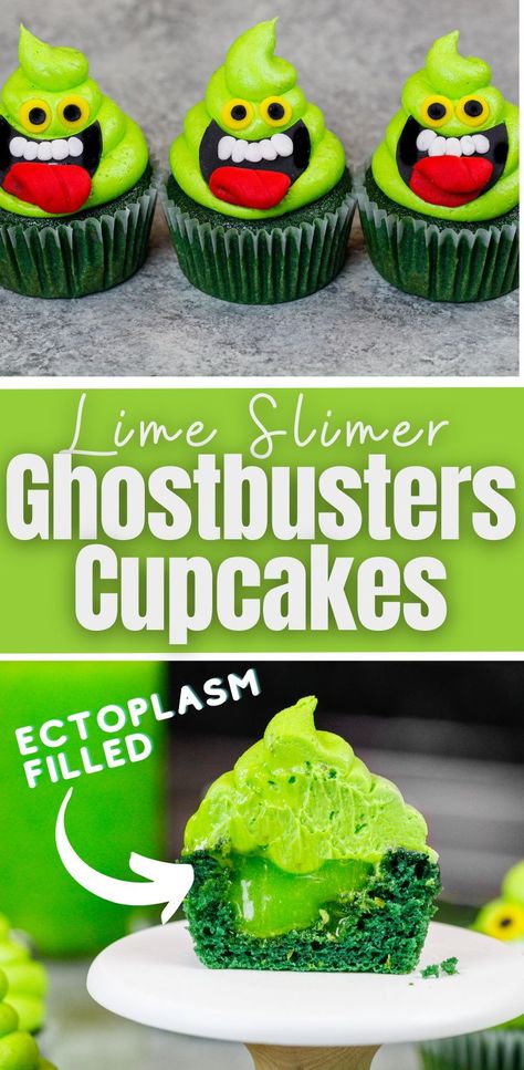 Slime Filled Cupcakes, Cool Halloween Cupcakes, Ghostbusters Snacks, Halloween Cupcake Recipes Easy, Halloween Cake And Cupcake Ideas, Edible Haunted House, Halloween Flavored Cupcakes, Halloween Desserts Easy Parties Food, Eye Ball Cupcakes