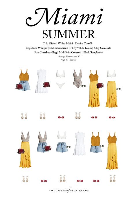 How to pack for Miami in the summer. This summer packing guide for Miami showcases 10 chic items to pack for a trip to Miami this summer. Miami capsule wardrobe. Summer capsule wardrobe. Summer packing guide. Florida packing guide. #summeroutfits #fashion #Miami #travelwardrobe #capsulewardrobe #chic #summerstyle #ootd Honeymoon Capsule Wardrobe, Miami Packing List Summer, Vacation Capsule Wardrobe Beach, Bali Capsule Wardrobe, Miami Capsule Wardrobe, Spring Miami Outfits, Outfits For Miami Vacation, What To Wear To Miami, Packing For Miami