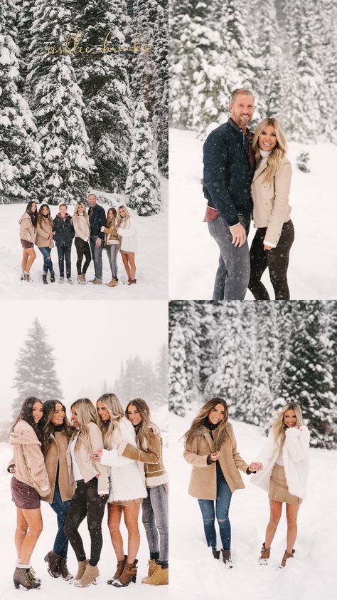 outfit ideas for winter family sessions Family Portraits In The Snow, Winter Family Photos Adults, Family Christmas Pictures In Snow, Family Winter Photoshoot Ideas, Christmas Big Family Photos, Large Family Photo Outfits Winter, Family Snow Pictures Outfits, Snow Family Photoshoot Outfits, Snowy Family Pictures